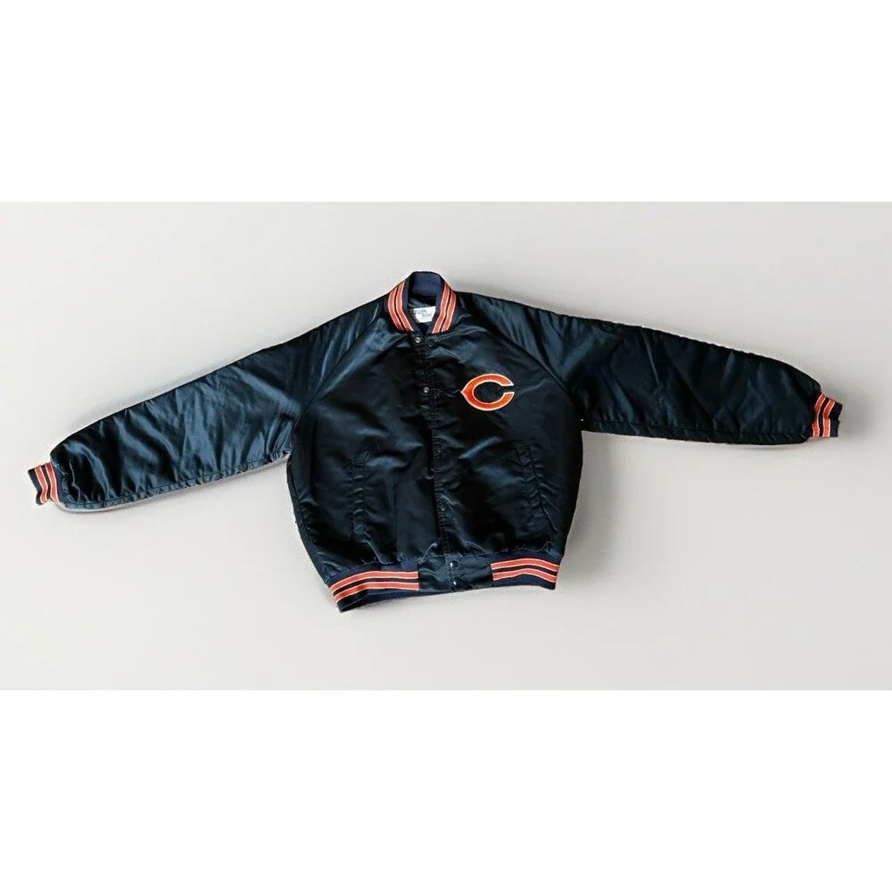 VTG 90s NFL CHICAGO BEARS CHALK LINE SATIN JACKET SPELL OUT MADE IN USA SIZE L